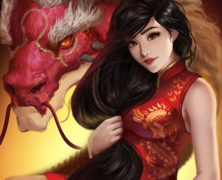 Lady with dragon - red, fantasy, pink, dragon, girl, zamberz