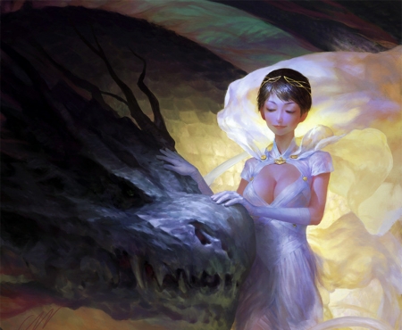 :) - zezhou chen, fantasy, dragon, girl, art, luminos