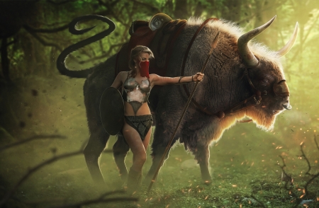 Warrior Buffalo - hosne qanadelo, girl, luminos, warrior, animal, buffalo, fantasy