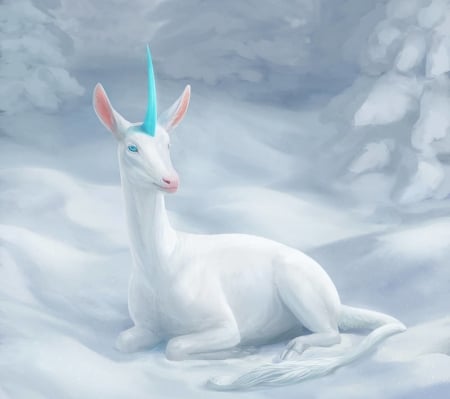 Unicorn - winter, blue, snow, creature, fantasy, white, iarna, dschunai, unicorn, luminos