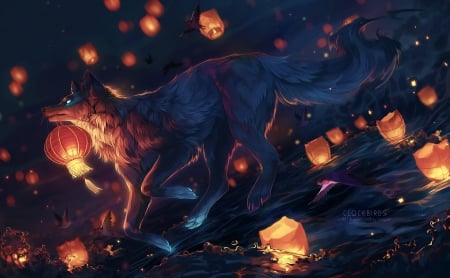 Wolf - lup, fantasy, clockbirds, wolf, lights, night, luminos, lantern