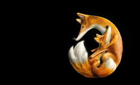 :) - moon, cub, jesus fernandez, black, fantasy, fox, luminos, orange, animal, luna