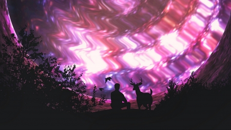 :) - pink, black, silhouette, deer, sky, fantasy, gregory germany victorin, luminos, man