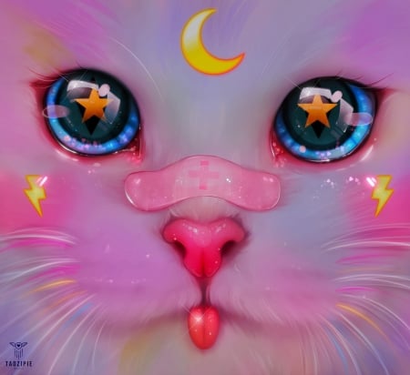 Moonkit - moon, cat, eyes, pisici, fantasy, taozipie, face, luminos, pink, luna