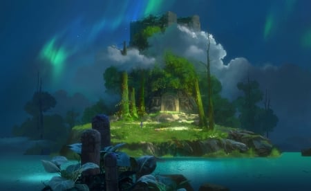 Fantasy world - water, blue, maker, fantasy, world, green, cloud, art, luminos