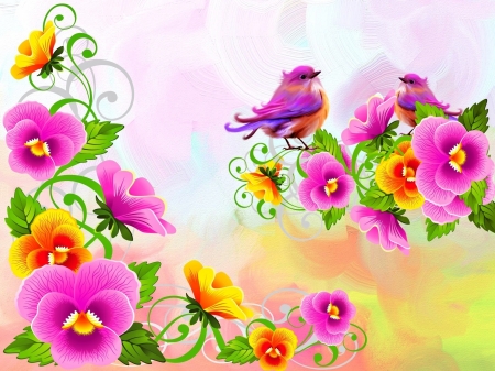 Pink Pansies - pretty, pink, birds, pansies