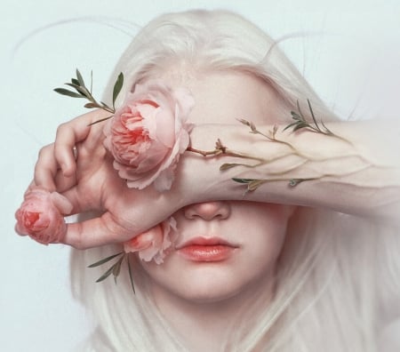 â™¥ - trandafir, girl, rose, fantasy, superb, white, sasha vinogradova, art, gorgeous, pink, hand, luminos, flower