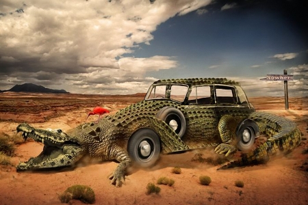 Nowhere - art, car, clouds, crocodile, bird