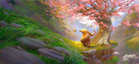 Dancing - honey, bee, spring, forest, pink, tree, bear, fantasy, gosia arska, urs, luminos