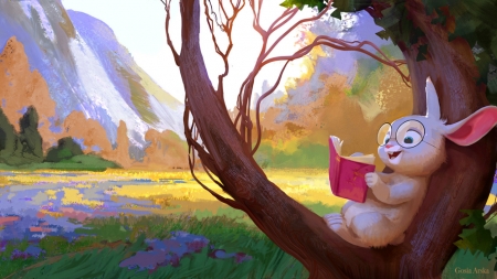 Reading bunny - book, pink, cute, rabbit, fantasy, tree, luminos, bunny, gosia arska