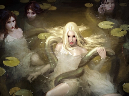 The naiads - water, snake, girl, frumusete, fantasy, mermaid, clint cearley, art, luminos