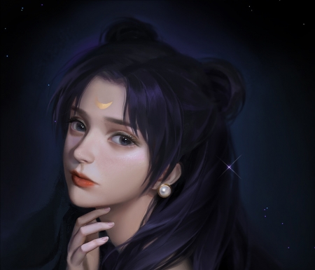 Black Moon - moon, black, girl, face, ginxiee, art, dark, luminos