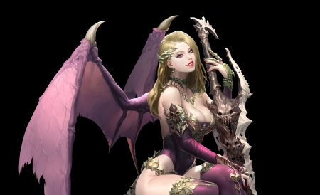 Demoness - girl, wings, black, fantasy, gwang beom kho, luminos, pink, bat, demon