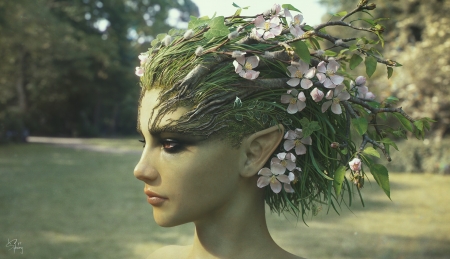 Dryad - fantasy, green, girl, face, dryad, flower, luminos, kim syberg