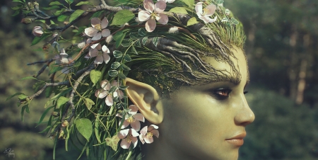 Dryad - green, kimsyberg, girl, face, dryad, flower, luminos, kim syberg