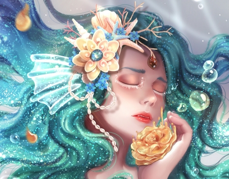 Mermaid - summer, blue, girl, nathania h, flower, frumusete, fantasy, sleep, siren, hand, mermaid, rose, face, golden, vara, luminos