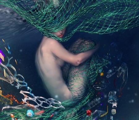 Mermaid - summer, polution, water, yuumei, girl, fantasy, mermaid, luminos, vara, green