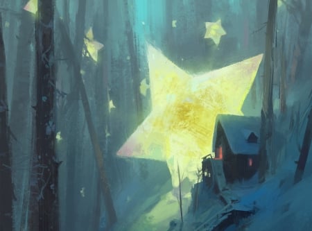 When is Christmas - nikolai litvinenko, star, house, forest, christmas, fantasy, craciun, art, luminos