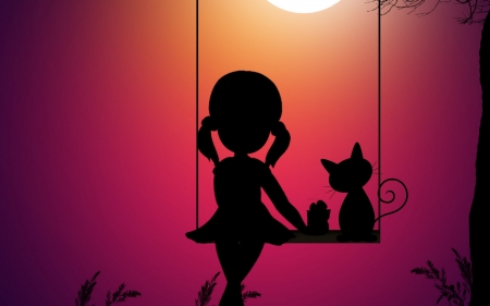 Sunset - vector, silhouette, cat, girl, pisici, sunset, black, aneesh a a, pink, swing