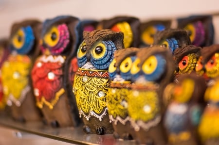 Owls - red, figurine, yellow, owl, bufnita, blue, colorful