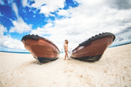 :) - summer, blue, beach, boat, girl, sand, white, woman, model, cloud, vara, sky