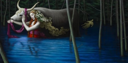 Emancipation - cow, girl, water, frumusete, fantasy, art, chie yoshii, luminos, blue, flower