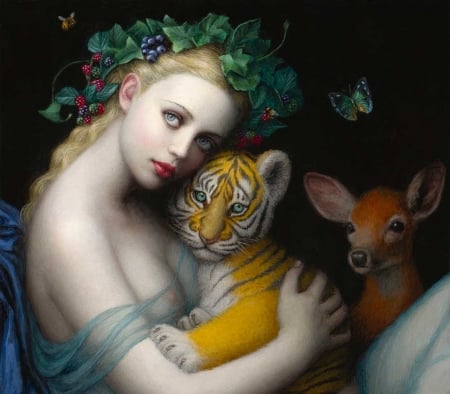 Gaia - cub, chie yoshii, girl, tiger, frumusete, fantasy, wreath, goddess, deer, fruit, tigru, luminos, gaia