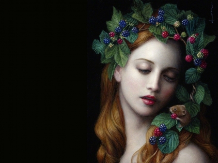 Gaia - face, berry, black, girl, frumusete, wreath, goddess, fantasy, fruit, mouse, chie yoshii, luminos