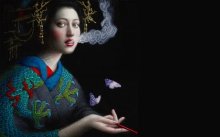 Geisha - geisha, chie yoshii, girl, kimono, black, frumusete, fantasy, hand, smoke, art, asian, luminos