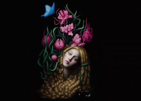 Girl - flower, pink, black, girl, frumusete, blue, art, fantasy, butterfly, chie yoshii, luminos