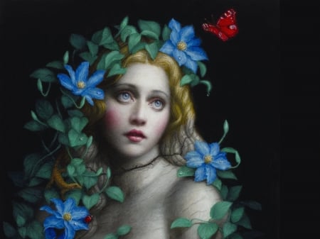 Girl - face, red, flower, black, girl, frumusete, blue, fantasy, butterfly, chie yoshii, luminos