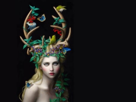 Forest creature - frumusete, fantasy, black, horns, bird, art, nest, forest, chie yoshii, luminos, creature, green