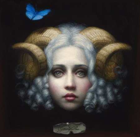 Young Pan - girl, god, luminso, black, fantasy, horns, face, art, butterfly, chie yoshii, blue, pan