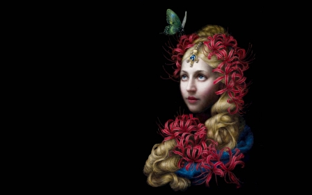 Girl - chie yoshii, girl, blonde, flower, black, frumusete, fantasy, red, butterfly, art, luminos