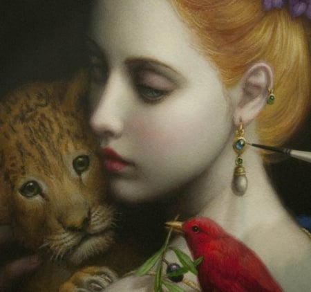 Gaia - face, red, cute, bird, gaia, jewel, girl, art, goddess, cub, fantasy, chie yoshii, luminos, lion