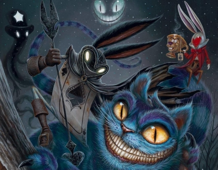 Cheshire cat - cheshire cat, wonderland, blue, eyes, white rabbit, fantasy, greg simkins, pisici, card, luminos