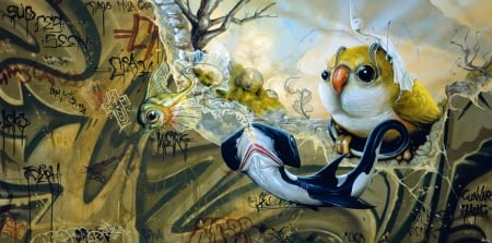 :) - fantasy, bird, fish, pasari, luminos, greg simkins, art