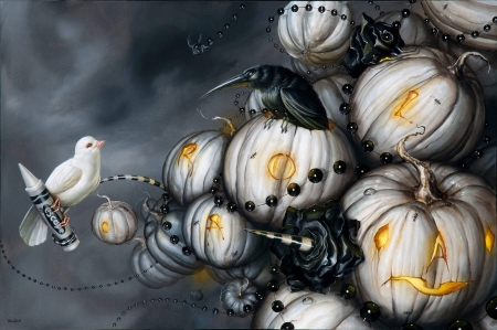 :) - pumpkin, greg simkins, fantasy, bird, white, crow, halloween, art, yellow, luminos