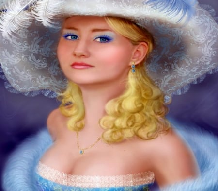 Lady With The Hat - white, lady, hat, blue