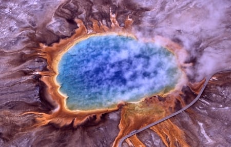 Grand Prismatic Spring - nature, fog, rock, road, aerial view, lake