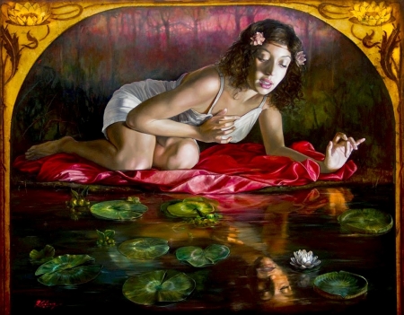 :) - girl, ricardo celma, pictura, red, green, painting, face, lake, art