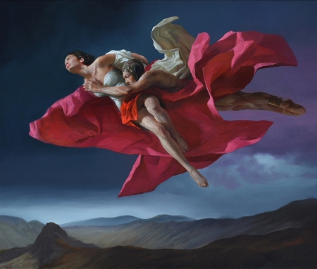 Down overflight - blue, girl, man, pictura, red, painting, couple, art, ricardo fernandez ortega, sky