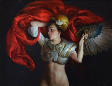 Icarus - pictura, fantasy, red, painting, wings, feather, art, ricardo fernandez ortega