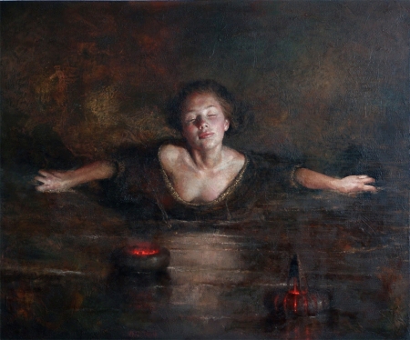 Ophelia - painting, ophelia, ricardo fernandez ortega, art, girl, water, pictura