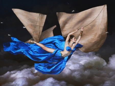 :) - cloud, ricardo fernandez ortega, flying, girl, blue, art, sky, fantasy, pictura, painting