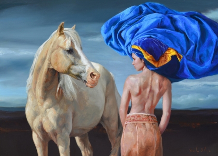 :) - girl, white, painting, ricardo fernandez ortega, art, horse, blue, cal, pictura