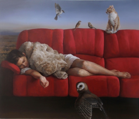 :) - bird, sofa, girl, bufnita, cat, owl, pasari, pictura, red, painting, pisici, art, ricardo fernandez ortega