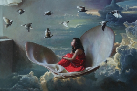 :) - sky, girl, bird, painting, ricardo fernandez ortega, cloud, blue, red, pictura, surreal, boat