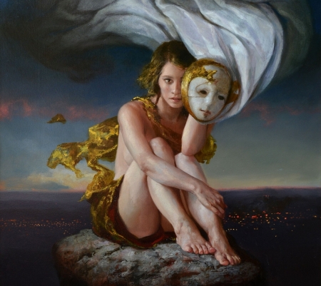 :) - pictura, white, mask, painting, girl, golden, ricardo fernandez ortega