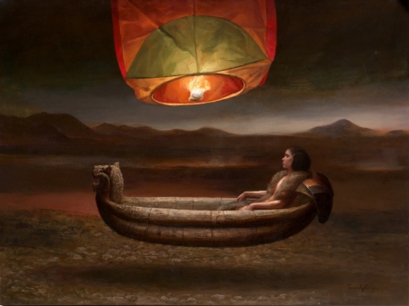 :) - girl, light, painting, ricardo fernandez ortega, art, orange, pictura, hot air balloon, boat